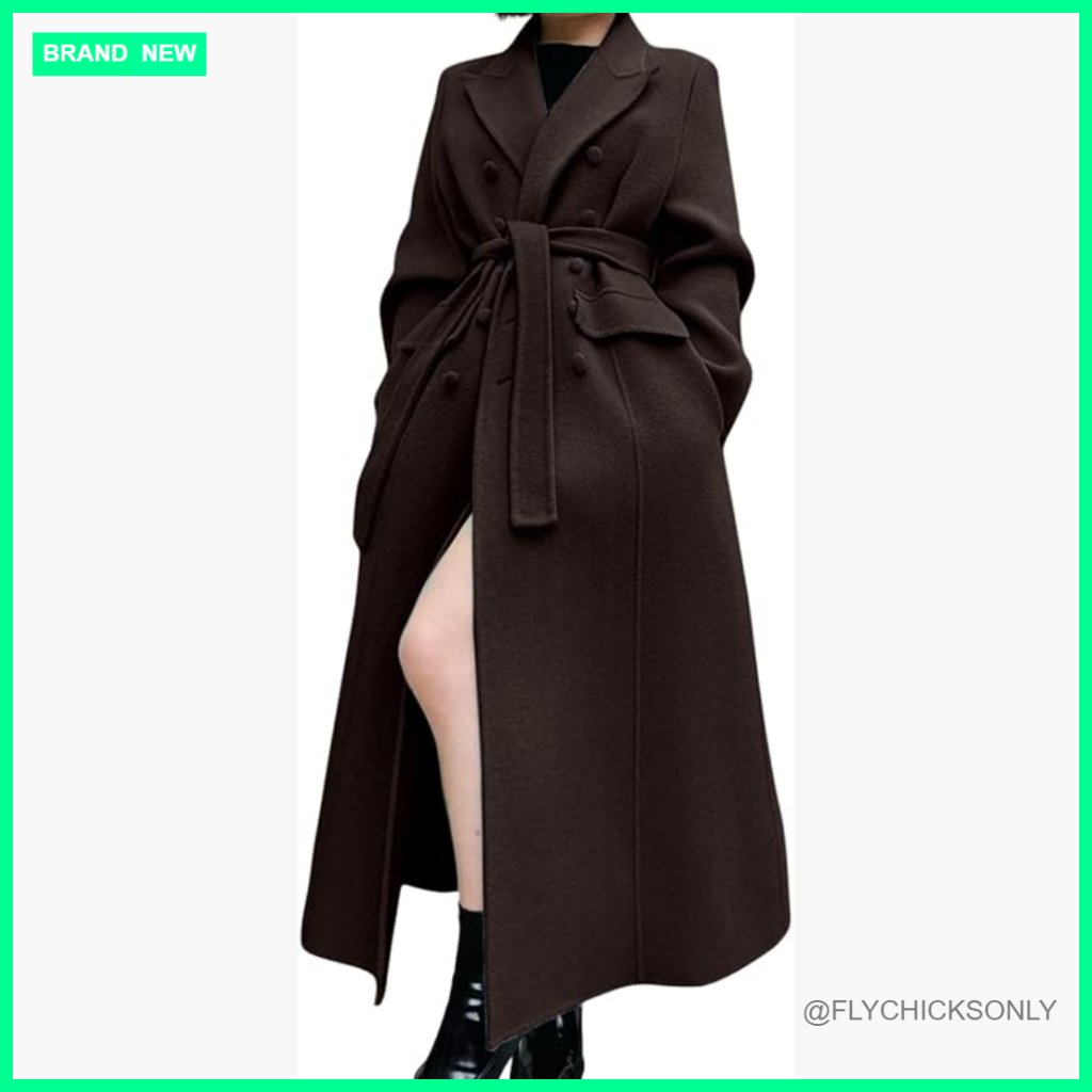 Wool Blend Pea Coat With Belt, Double Breasted, Mid-Calf Length